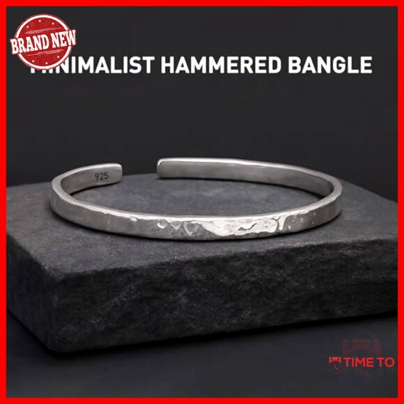 925 Sterling Silver Hammered Cuff Bangle Bracelet Minimalist Jewelry - Picture 2 of 7